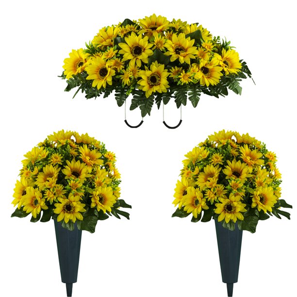 Sympathy Silks Artificial Cemetery Flowers 2 Sunflower Bouquets, Vases