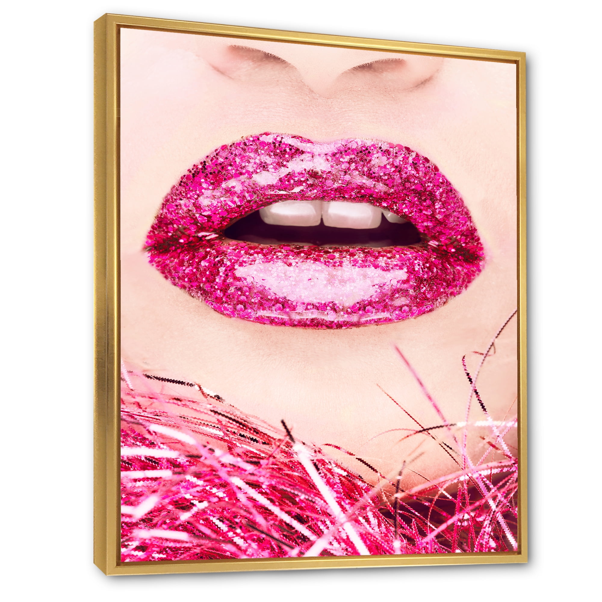 Close-Up Of Golden Female Lips II 12 in x 20 in Framed Photography Canvas Art Print, by Designart