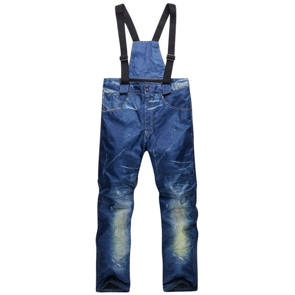 Xfvqtps Men Snow Pants Ski Bibs Snowboarding Fashion Denim Adjustable Straps Thermal Warm Waterproof Insulated Winter Overalls Blue