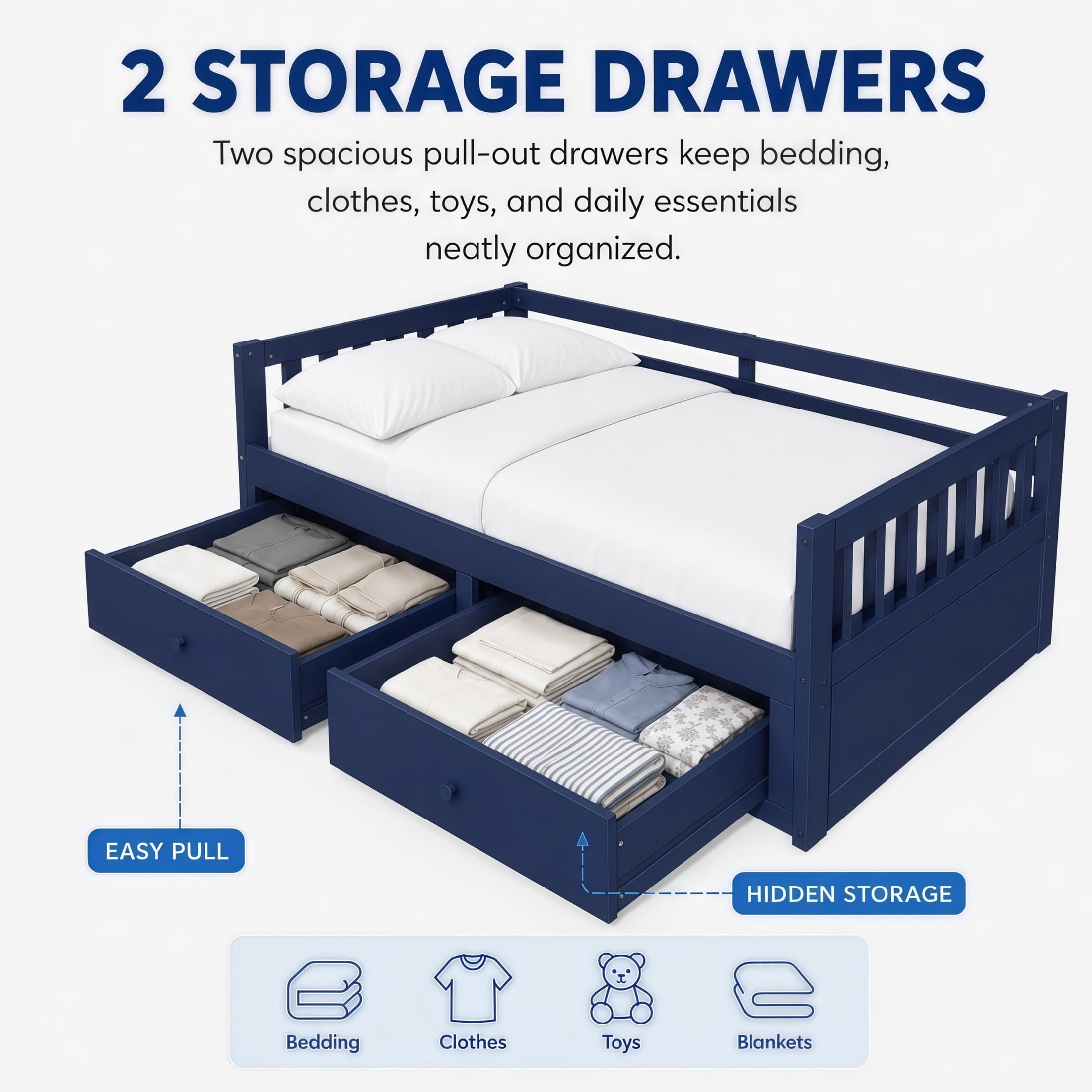 Noble House Twin to King Extendable Daybed with Pull-Out Trundle, 2 Drawers & Guardrails, Blue