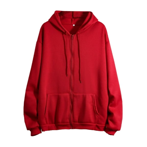 Fgnfyis Women Winter Warm Fashion Long Sleeve Loose Solid Color Zip Up Hoodie with Pocket Sweater Coat Red XL