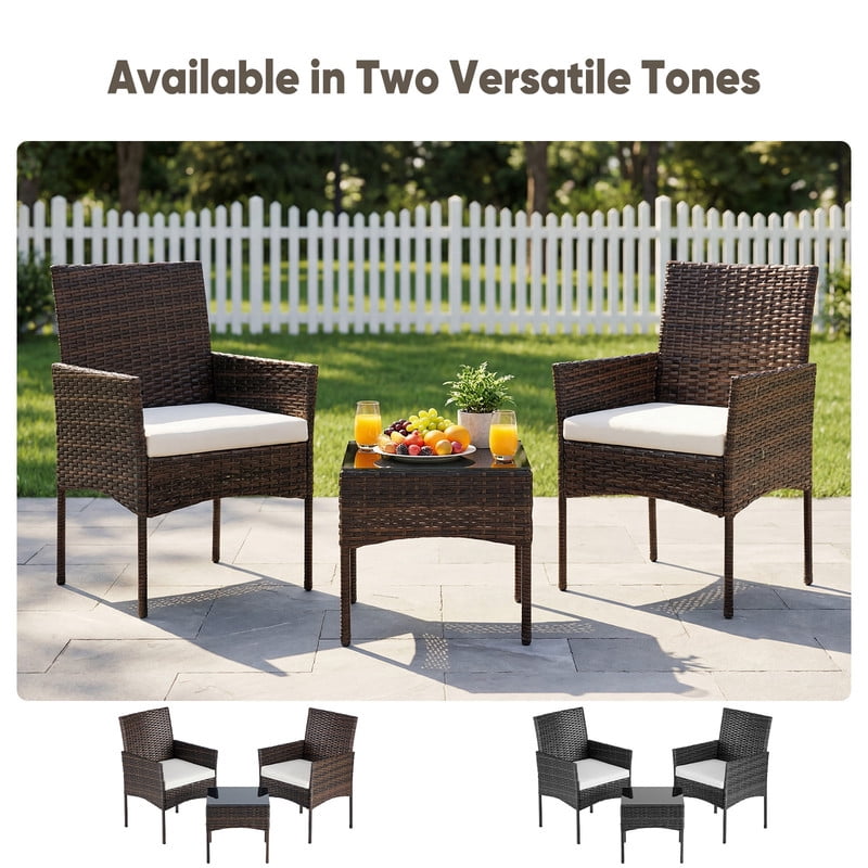 Gianna 3-Piece Patio Furniture Set, Outdoor Wicker Rattan Chairs with Removable Cushion & Glass Table, Conversation Furniture for Porch, Garden, Backyard, Poolside - Brown