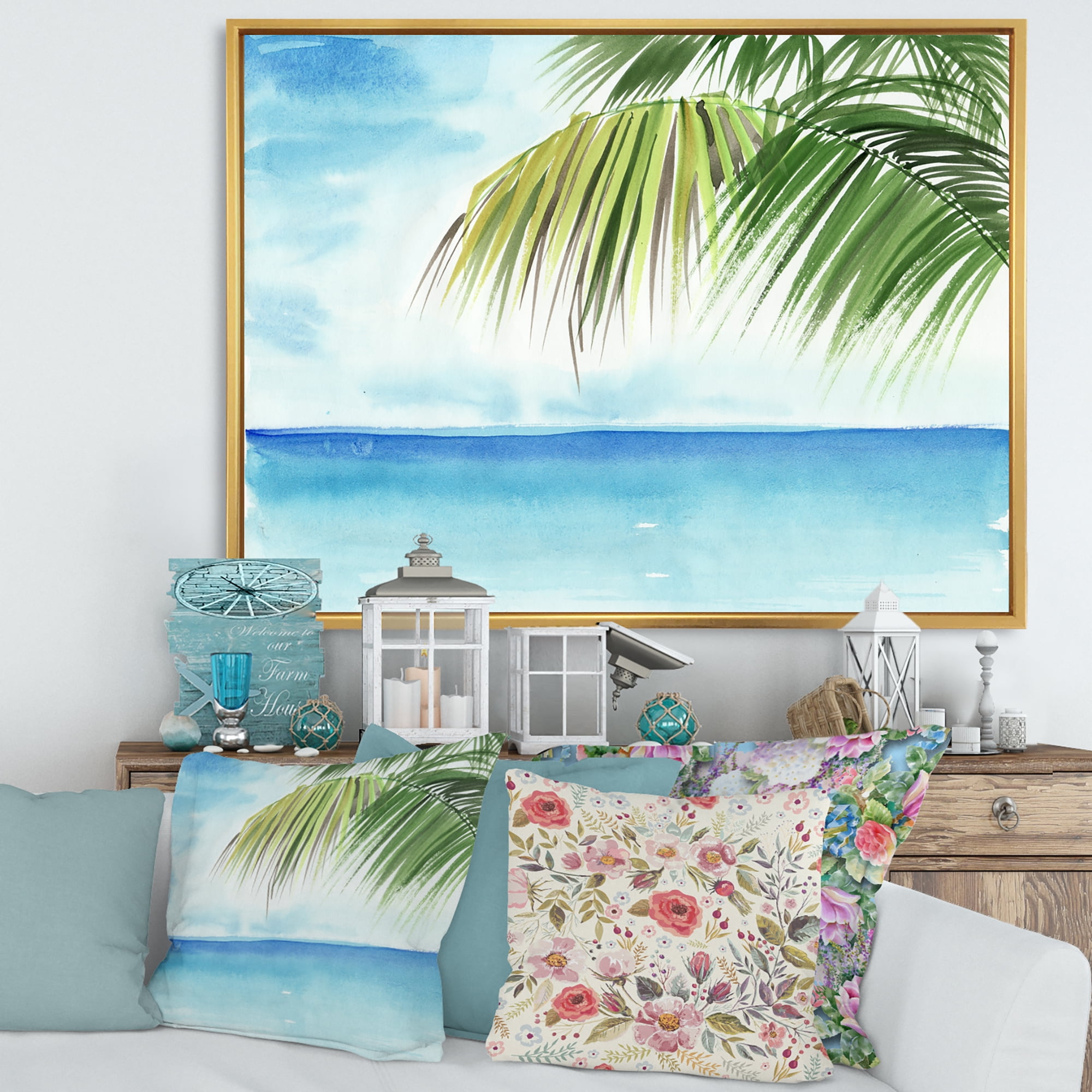 Designart 'Palm Beach Resort At Sunrise III' Nautical & Coastal Framed Canvas Wall Art Print