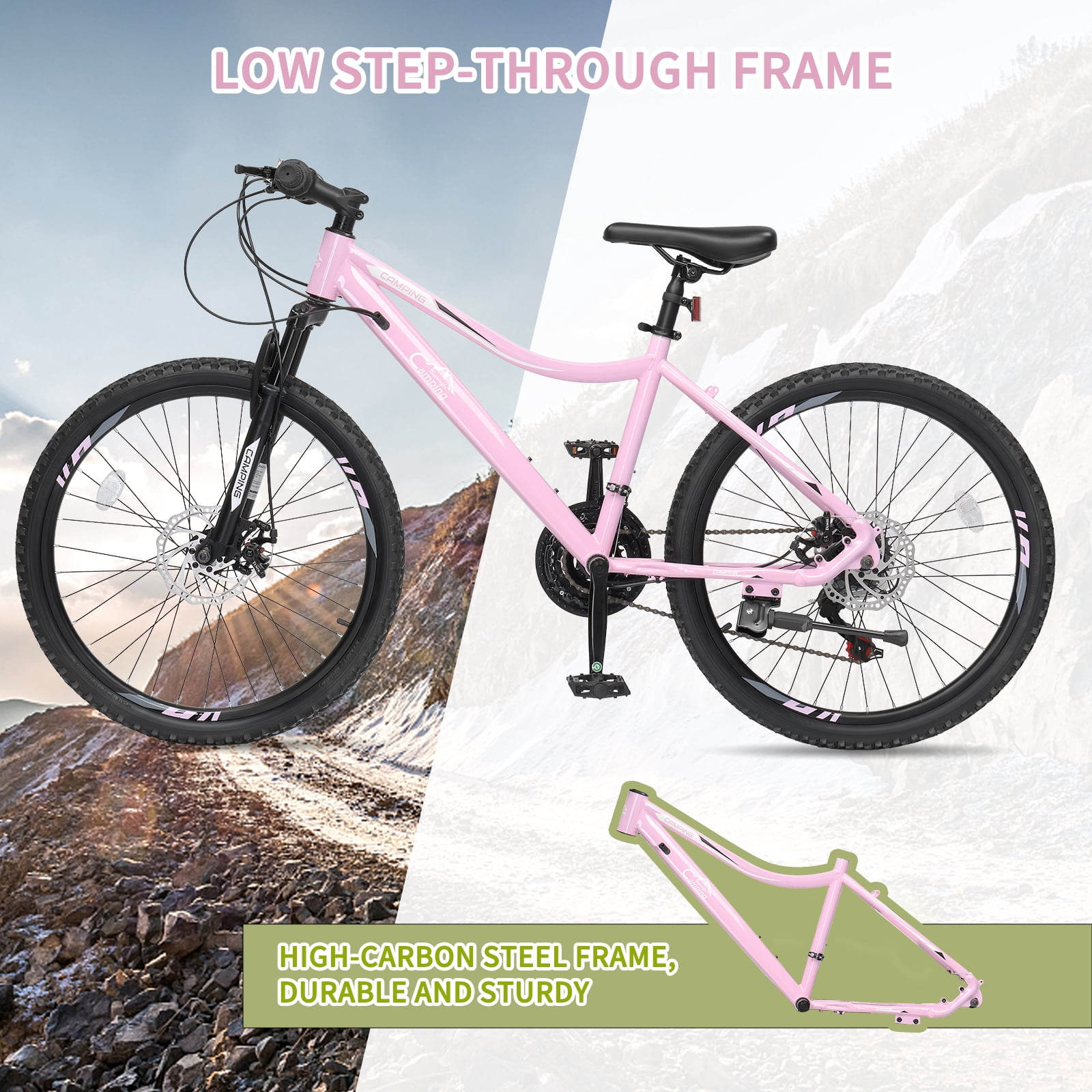 Ktaxon 24" Mountain Bike with Shimano 21 Speed, Disc Brakes, Pink Purple