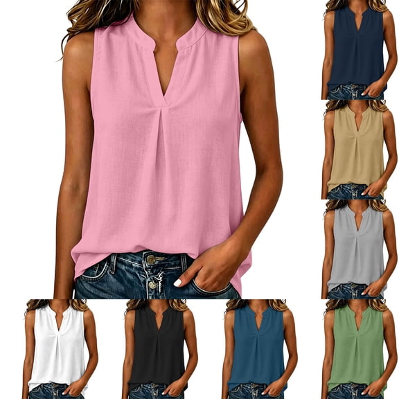 Sheghy Tank Tops 100%Cotton Women's Solid Color Sleeveless V-Neck Casual Cotton-Linen Top