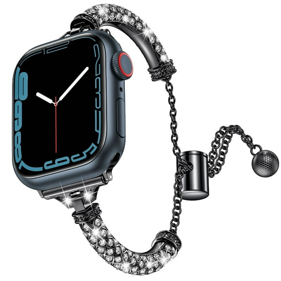 ELEHOLD Luxury Women Bling Slim Metal Bracelet Strap with Rhinestone Replacement Band Compatible for Apple iWatch Series Ultra 2/1 SE/9/8/7/6/5/4/3/2/1 42/44/45/49mm,Black