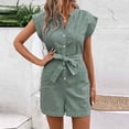 thumbnail image 2 of ZyeKqe Jumpsuits for Women Striped Sleeveless Button down Short Rompers Belted Work Overalls with Pockets, 2 of 5