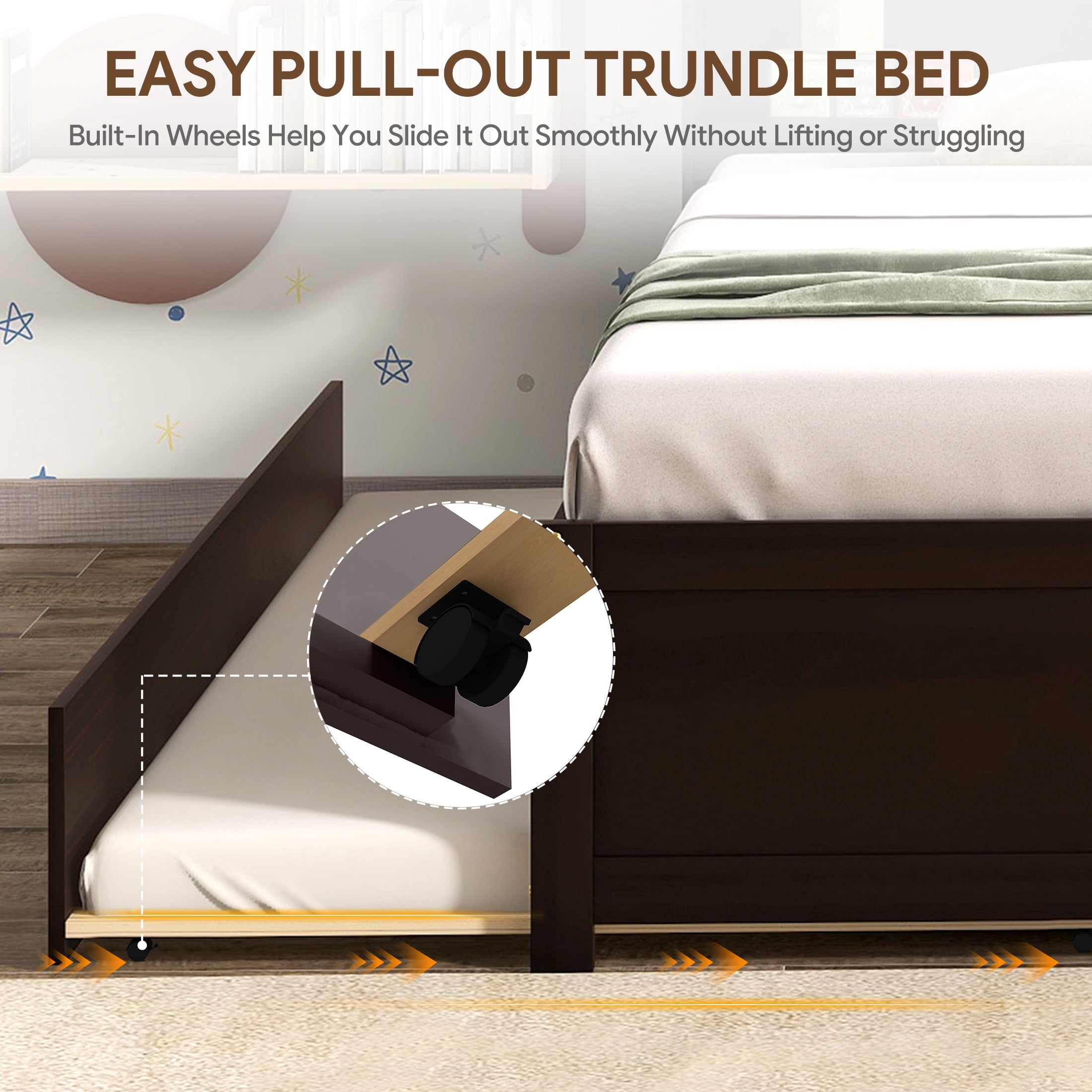 UHOMEPRO Twin Trundle Bed with Storage Headboard, Espresso Trundle Bed Frame for Kids Girls Boys, Twin Bed with Trundle, No Box Spring Needed