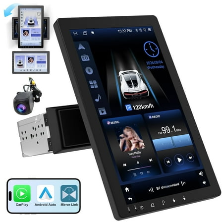 10.1" Rotatable Touch Screen Car Stereo Single Din,Wireless CarPlay/Android Auto,AHD Backup Camera,GPS Navigation,2GB 32GB,Hi-Fi Sound, Bluetooth 4.2