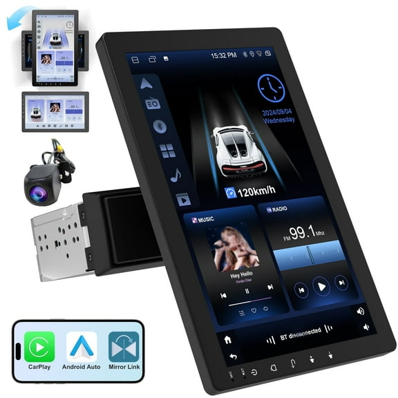 10.1" Rotatable Touch Screen Car Stereo Single Din,Wireless CarPlay/Android Auto,AHD Backup Camera,GPS Navigation,2GB 32GB,Hi-Fi Sound, Bluetooth 4.2