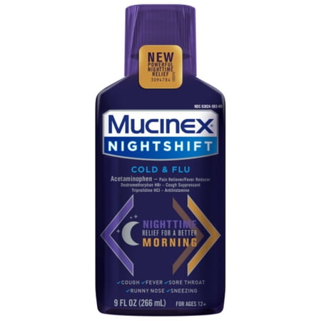 MUCINEX® Nightshift® Cold & Flu Liquid 9 fl. oz. Relieves Fever, Sneezing, Sore Throat, Runny Nose, and Controls Cough