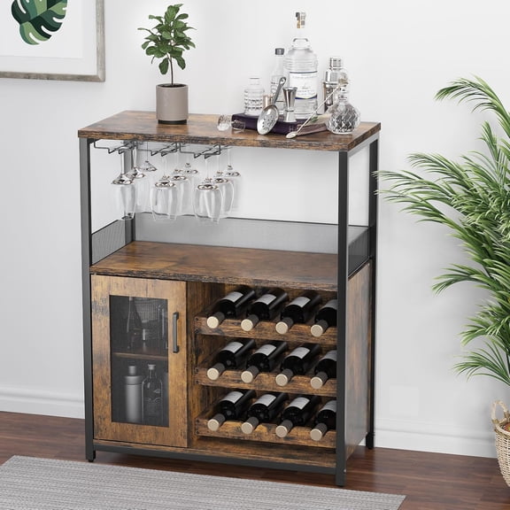 Industrial 3-Tier Wine Bar Cabinet – Adjustable Shelves, Glass Holders, Mesh Door, Baffle Design – Vintage Kitchen, Living Room, Dining Area Sideboard