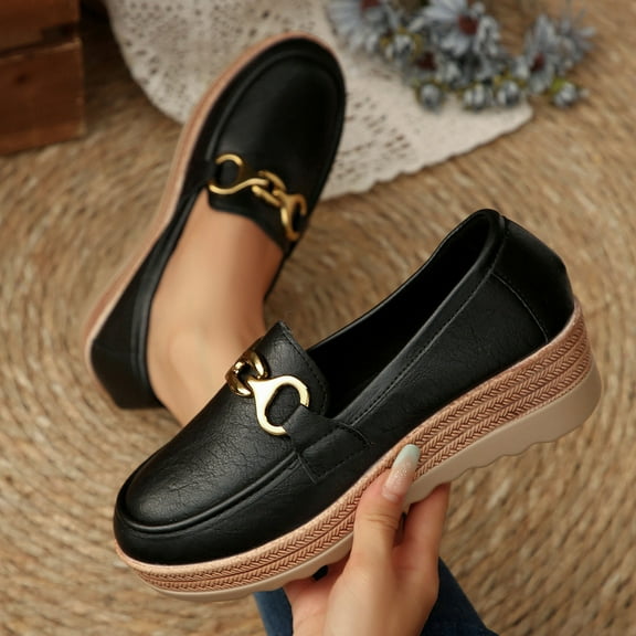 SYMOID Womens Platform Loafers Slip-on Round Toe with Gold Metal Accent - Pr-Um Pu Comfort Cushioning Water-Resistant Black Casual Office Dress Shoes,Size 38