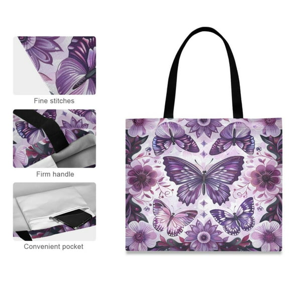 Canvas Tote Bag for Women Girls Design Print Purple Blossoms and Butterflies Tote