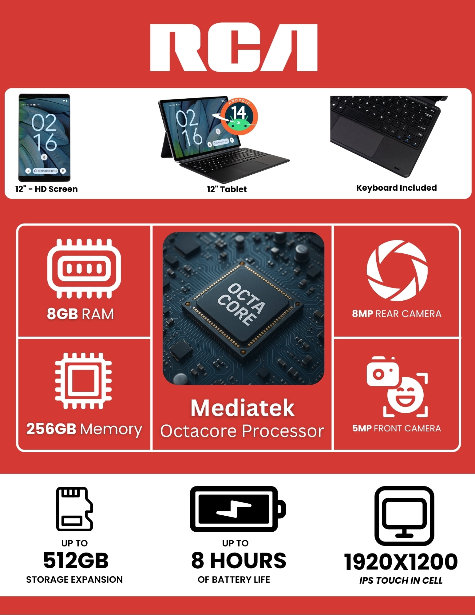 RCA 12" Tablet, Android 14,6GB RAM, 128GB Storage, Octa Core, Keyboard Bundle