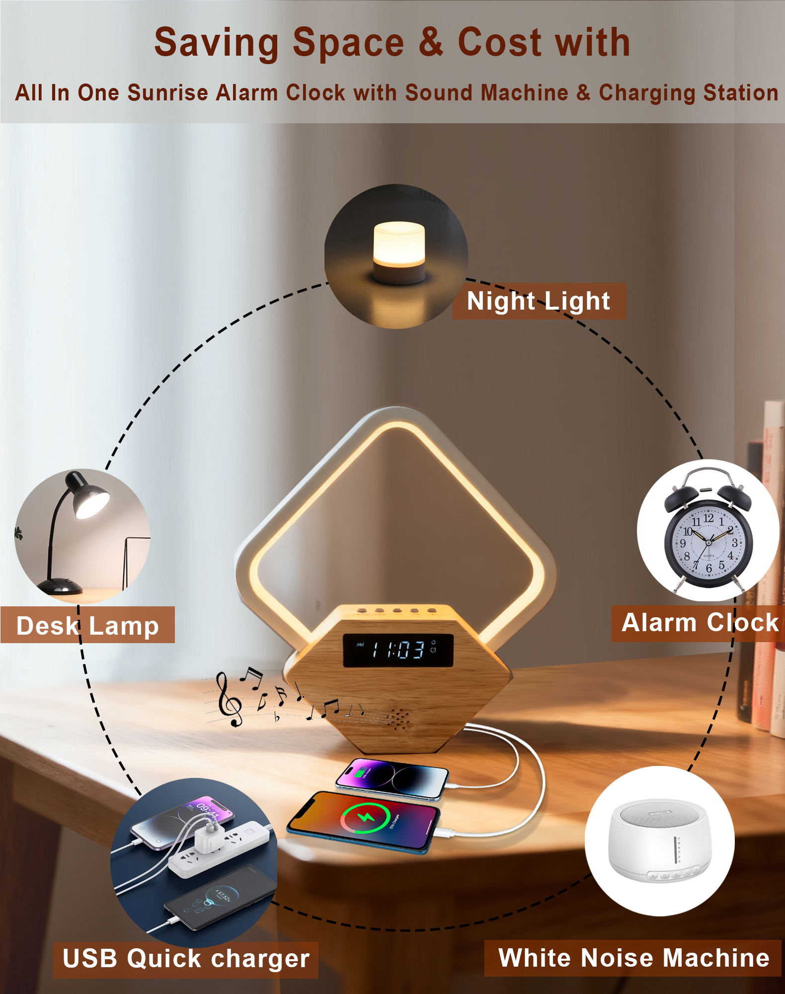 Sunrise Alarm Clock with White Noise Sound Machine, Wake Up Light for Bedrooms Heavy Sleepers Adults,Rain Thunderstorm Ocean Sleep Sounds,Bedside Lamps with Fast Charger USB C,Gift for Kid Baby
