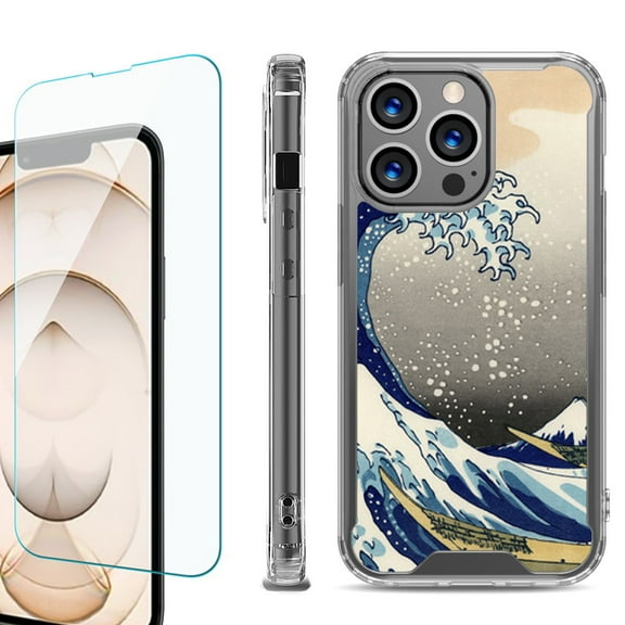 Shockproof Bumper Phone Case for iPhone 13 Pro Max, with Tempered Glass Screen Protector, by OneToughShield ® - Great Wave