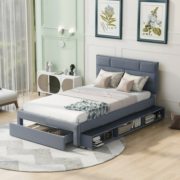 Full Size Linen Upholstered Platform Bed with a Drawer and Shelves for Kids Bedroom, Gray