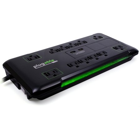 Plugable Surge Protector Power Strip with USB and 12 AC Outlets, Built-in 10.5W