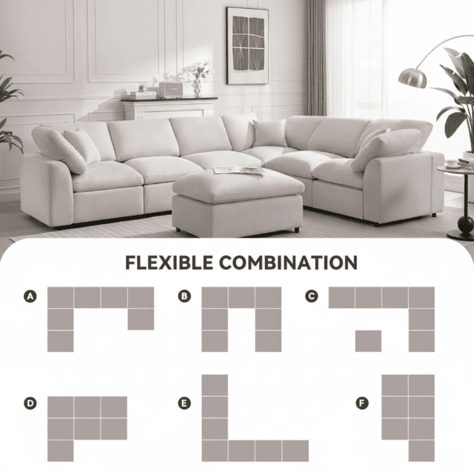 Modern Modular Sectional Sofa with Ottoman, Oversized 7-Seater L-Shaped Cloud Couch for Living Room, Apartment & Family Lounge, Beige