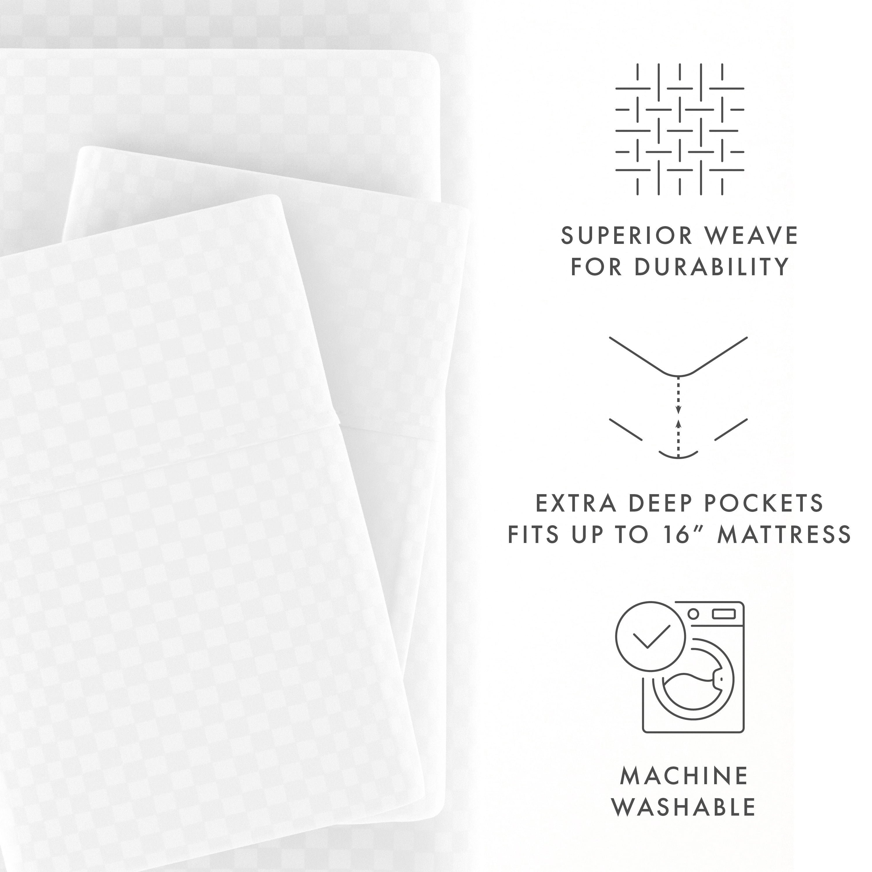 Noble Linens 4 Piece White Checkered Embossed Bed Sheet Set, Queen