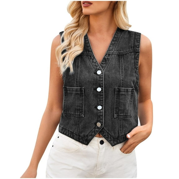 Huvoen Womens Sleeveless Denim Vests Cardigan, V Neck Buttons Down Waistcoat Jacket, Casual Cropped Jean Tops Black l