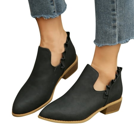 

Lovskoo 2024 Women s Plus Size Ruffled Ankle Boots V Cut Out Pointed Toe Chunky Low Heel Dressy Western Booties Black