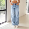 thumbnail image 5 of Womens Jeans Distressed Denim Trousers with Beaded Embellishments Relaxed Fit High Waist Wide Leg Casual Solid Blue L, 5 of 6