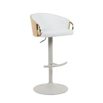 Solstice Modern Adjustable Swivel Barstool in Ivory Finish with White Upholstered Seat, Patterned Oak Wood Accents