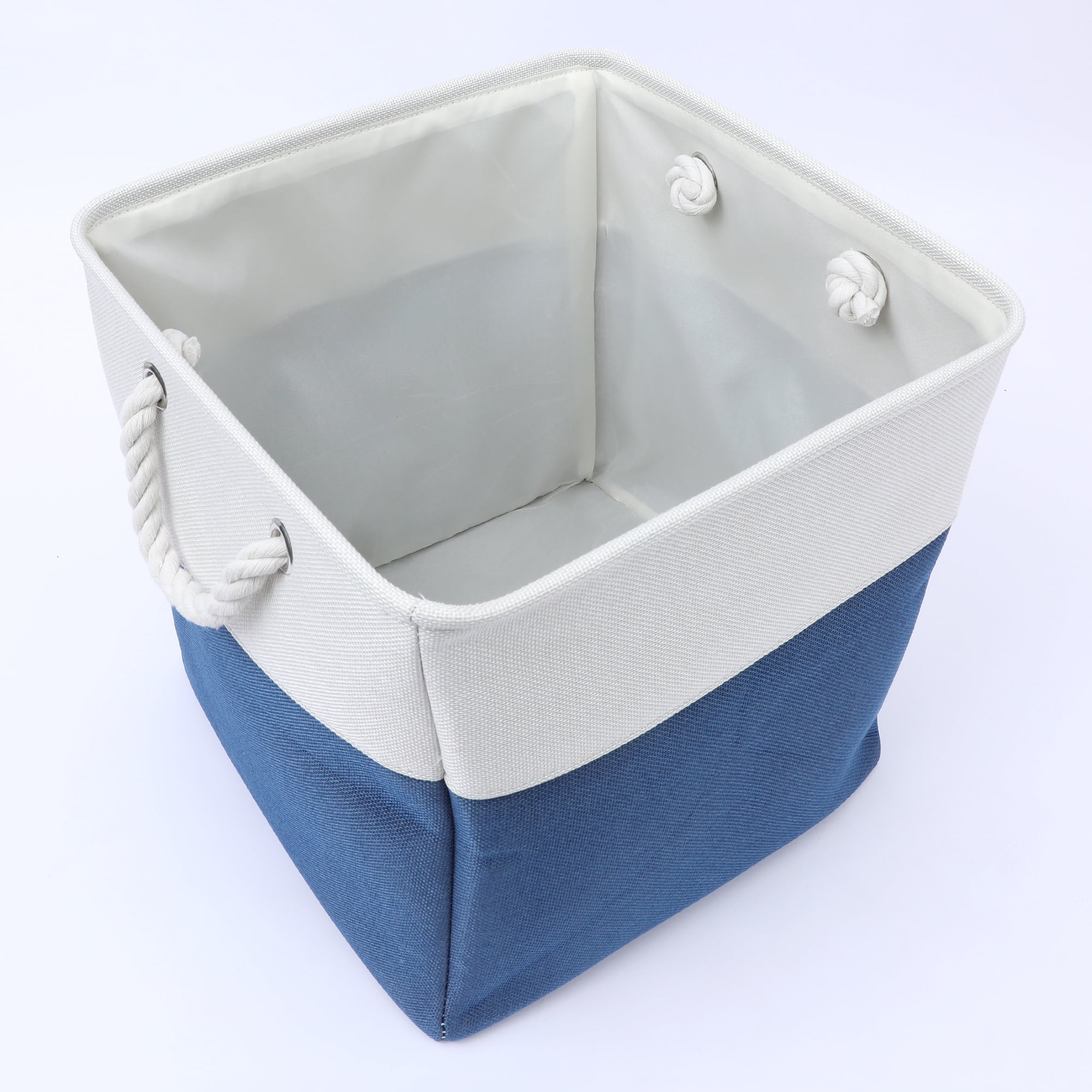 Unique Bargains Square Fabric Storage Basket Bin White/Dark Blue 13inch