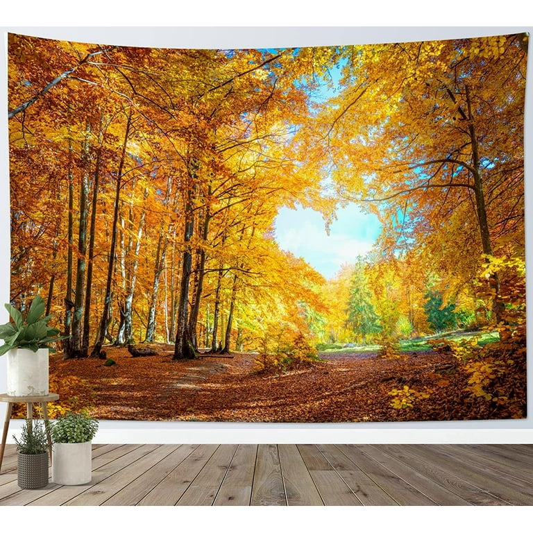 Fall Forest Tapestry Wall Hanging Autumn Season Nature Scenery Tapestries Scenery Romantic Heart Forest Yellow Maple Leaves Tree Aesthetic Tapestry