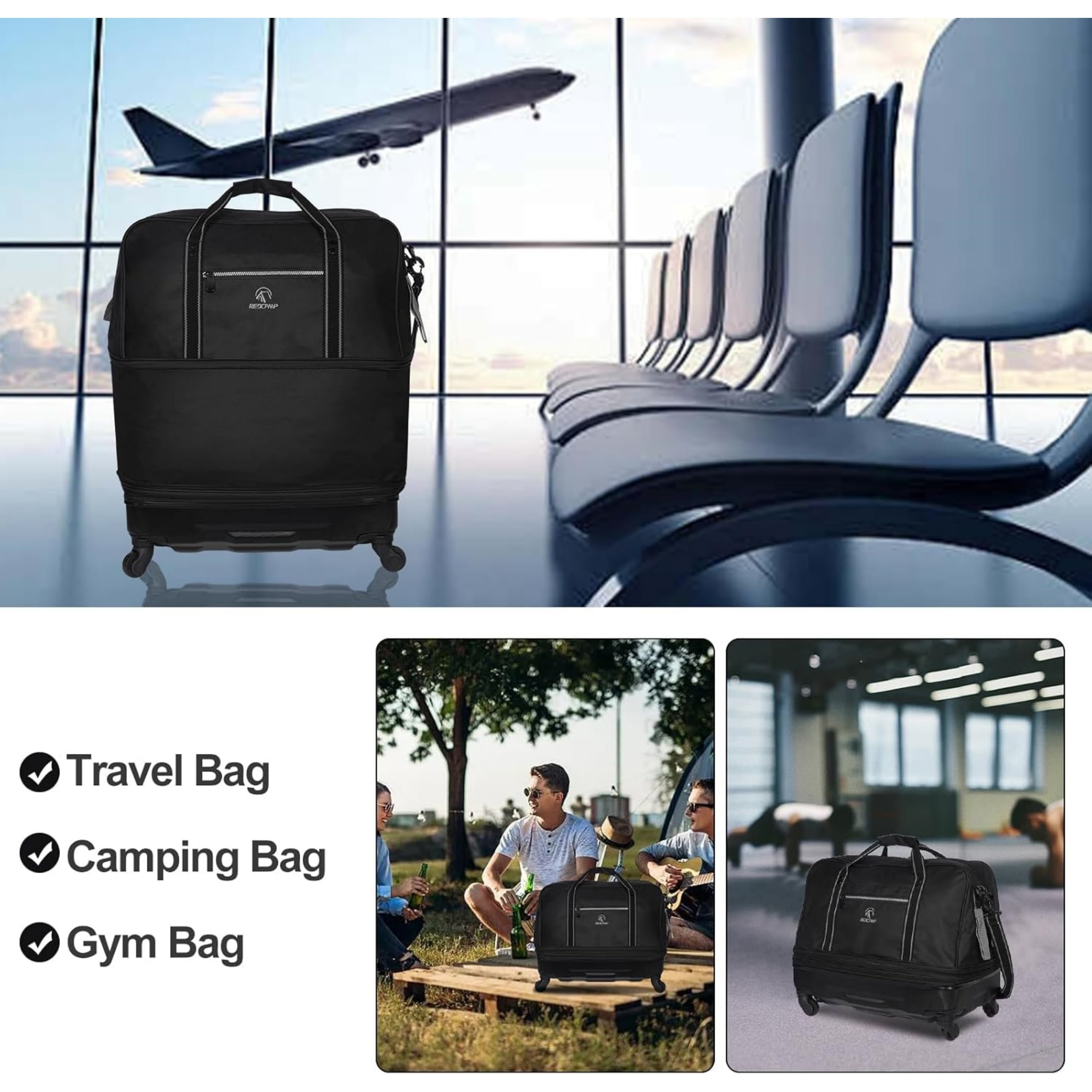 REDCAMP Expandable Foldable Rolling Duffel Bag with Wheels, Collapsible Suitcase Luggage Rolling Travel Bag Lightweight for for Women and Men, 60-130L