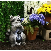 YTC SUMMIT North American Raccoon Statue Holding Solar Powered Lantern LED Light Patio Decor Indoor Outdoor Racoon