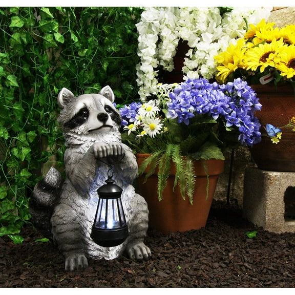 YTC SUMMIT North American Raccoon Statue Holding Solar Powered Lantern LED Light Patio Decor Indoor Outdoor Racoon