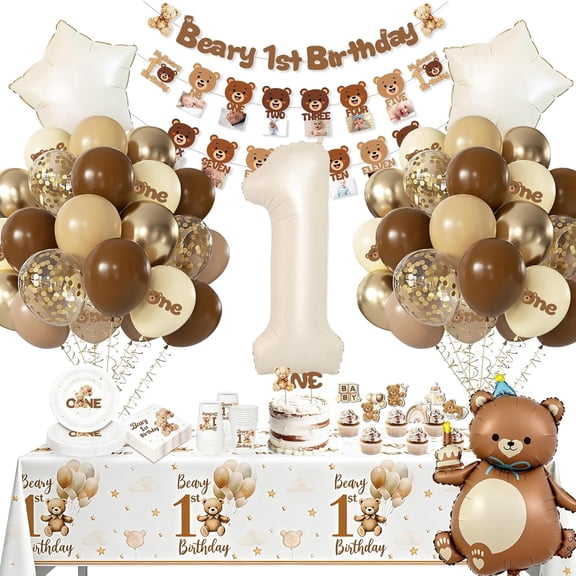 Beary First Birthday Decorations for Boys Girls, Bear Decor Party Supplies with Balloons, Paper Plates, Cups, Tablecloths for 20 Guests