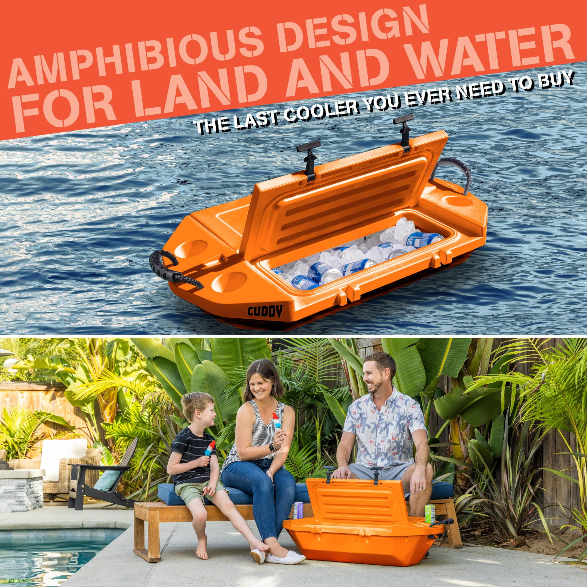 Cuddy Floating Cooler and Dry Storage Vessel - 40QT - Amphibious Hard Shell Design, Orange