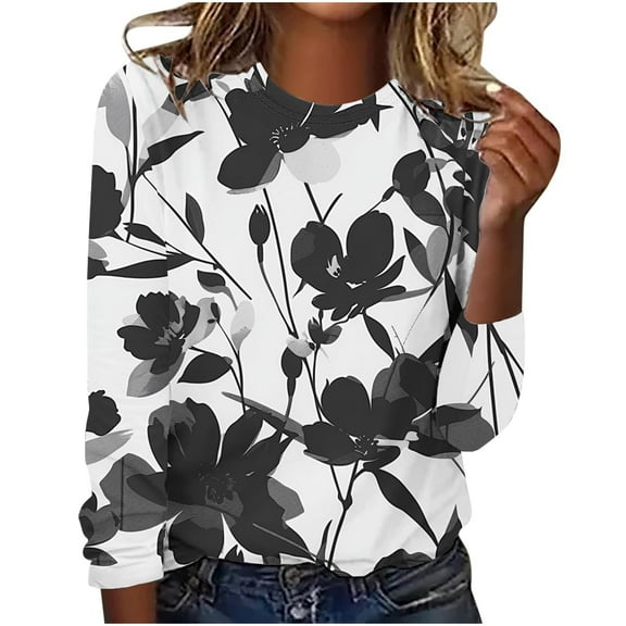 YeJammarp Plus Size Cotton Tops Women Crewneck Long Sleeve Graphic Print T-shirts Loose Fit Spring Fall Winter Tees (4XL, Black 03)
