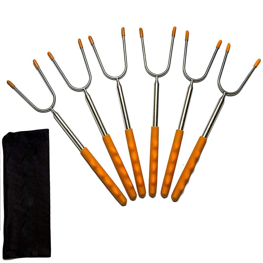 Marshmallow Roasting Sticks 4+4 Retractable Smores Sticks Detachable Skewers Rotating Forks Set of Hot Dog Fire Pit Outdoor Fireplace Campfire Accessories Extendable Steel Fork Camping Kit 