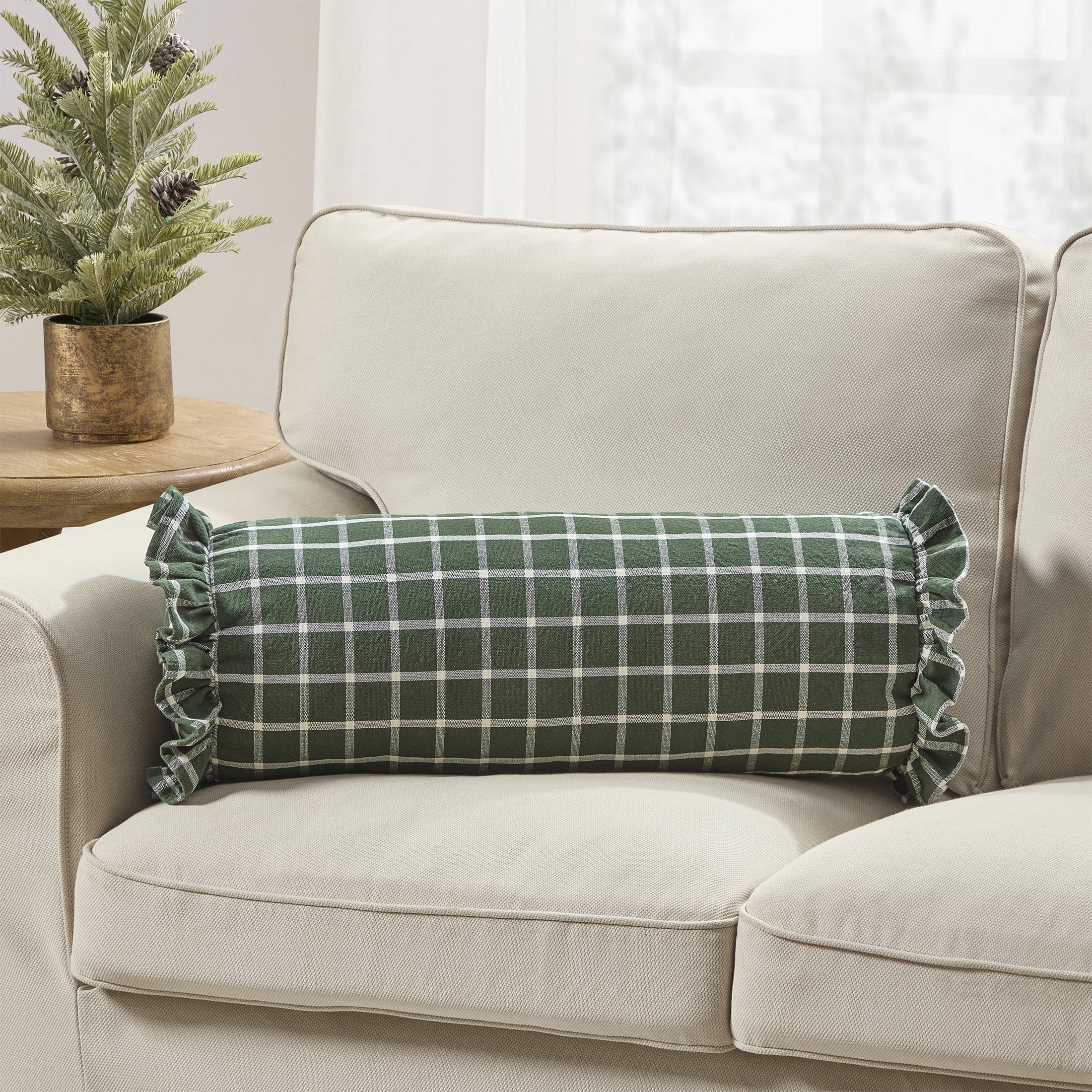My Texas House 8" x 22" Green Window Plaid Bolster Decorative Pillow