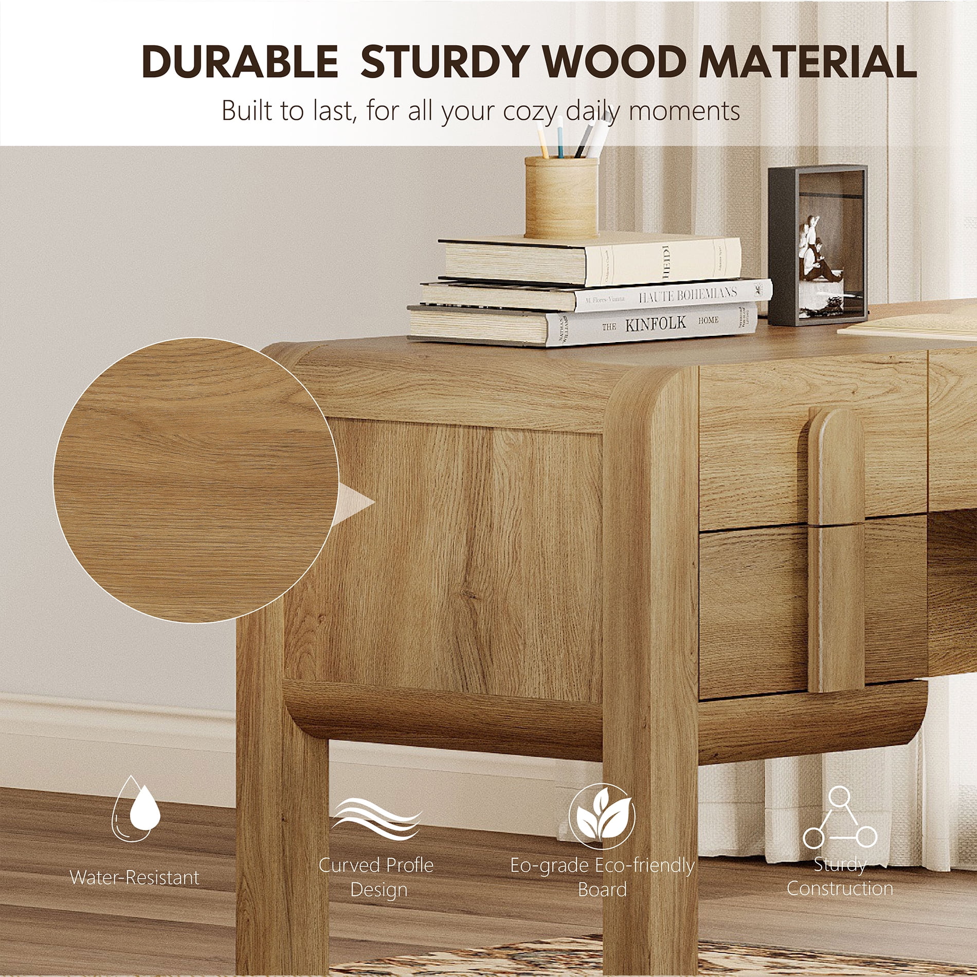 53.5"W Mid-century Modern Executive Desk with 5 Drawers , Home Office Desk With Charging Station，Wood Computer Desk With Curved Profile Design，Standing Desk For Business Furniture Set Workstation