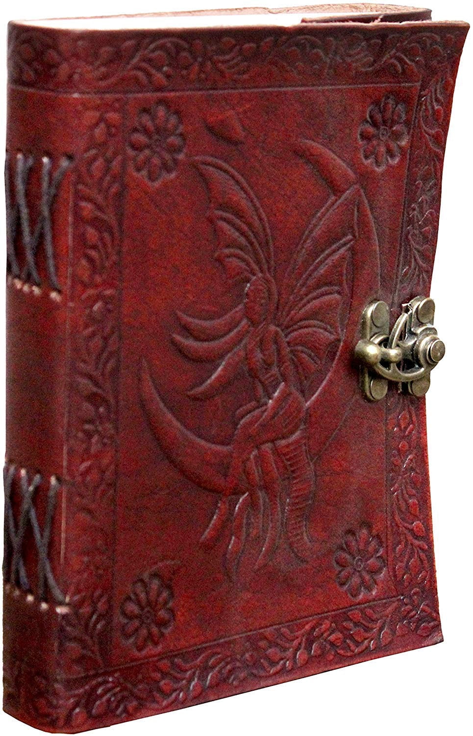 Prastara Leather Handmade Paper Notebook Diary with Metal Lock Journal Diary with Engraved Moon and Fairy/Princess Brown 7 x 5 inches Brown