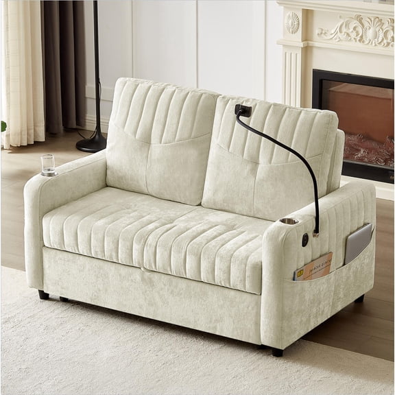 53.9" Modern Loveseat Pull-Out Sofa Bed with Adjustable Backrest, 2 Cup Holders, Phone Holder, 3 Charging Ports, and Side Storage Pockets, Compact Sleeper Couch for Living Room, Beige