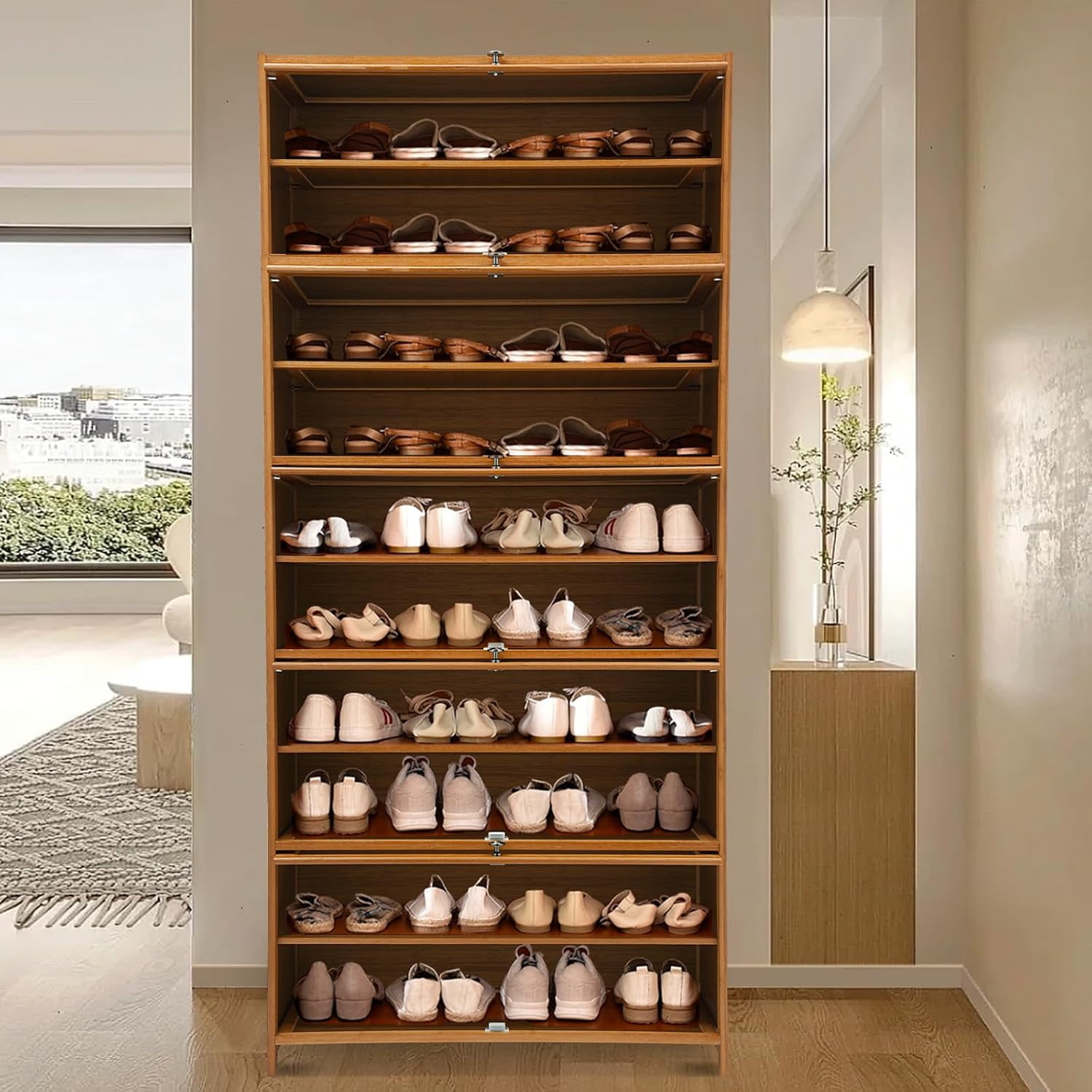 Narrow Shoes Shelf Cabinet - Shoe Storage Cabinet,Free Standing Shoes Shelf Organizer,11-Tier Tall Shoe Shelf,Shoe Rack Organizer,Shoe Cabinet with Doors,for Foyer,Living Room,Corridor