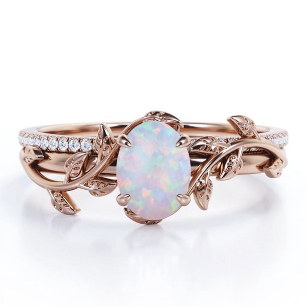 JeenMata Anillo de Bodas con Diseño de Hoja de Moissanita y Ópalo Arcoíris Ovalado de 1,5 Quilates Engastado en Oro Rosa de 18 K sobre Plata