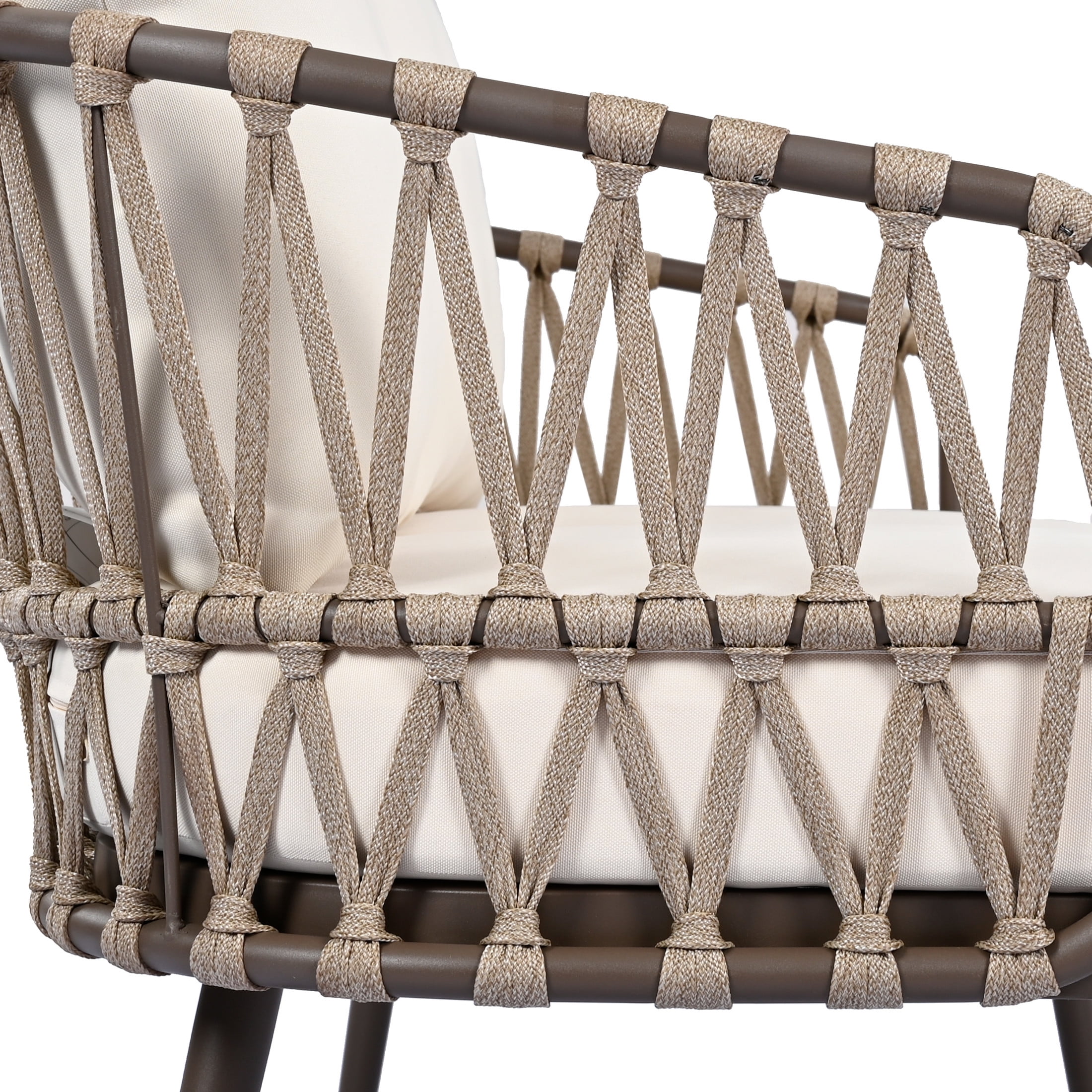 Piper Modern 4 Piece Outdoor Patio Conversation Set, Woven Rope Sofa Set with Cushions, and Coffee Table, Brown+Beige