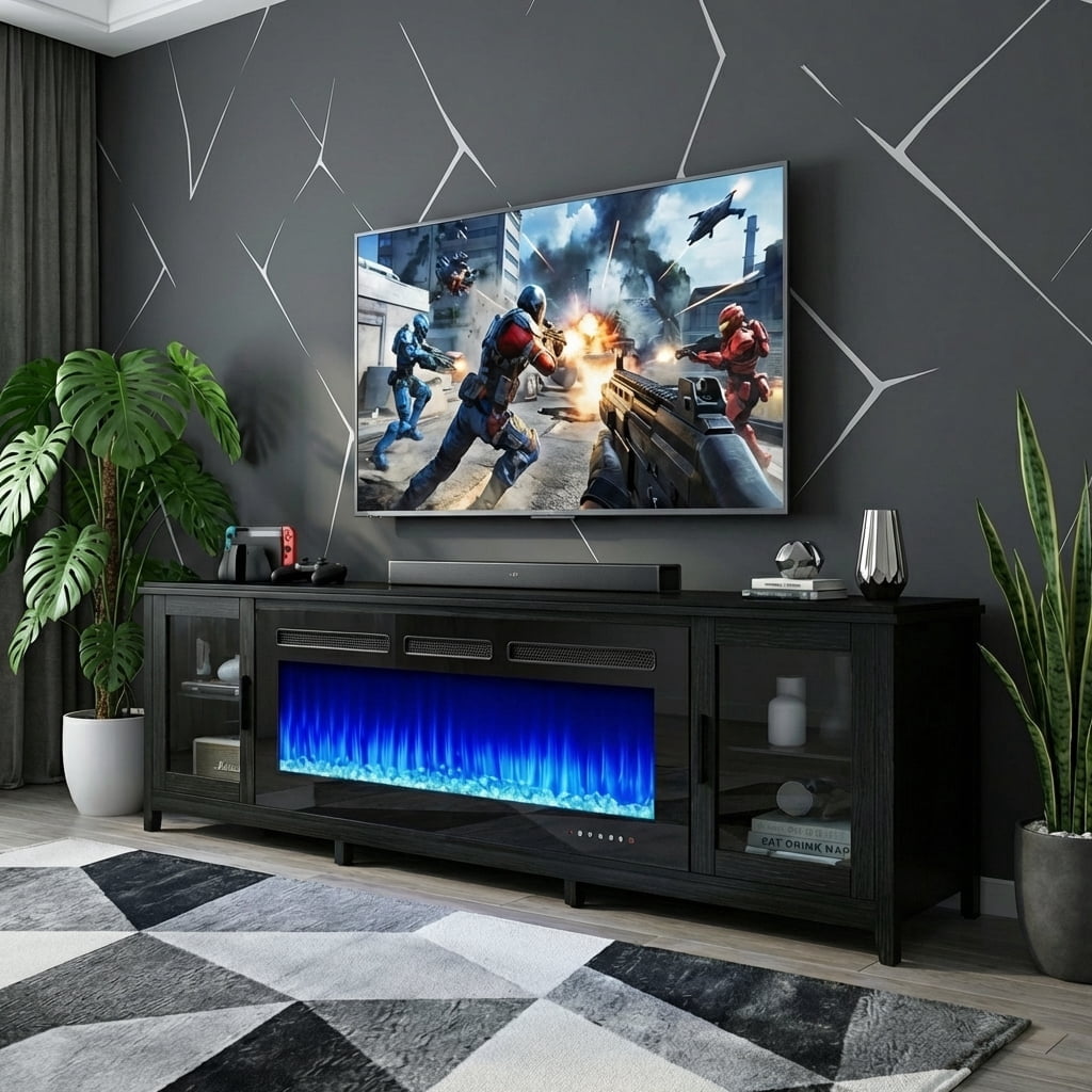 Easoger Fireplace TV Stand for TVs up to 90", 80" TV Stand with 50" Electric Fireplace, Entertainment Center with Glass Doors, Black