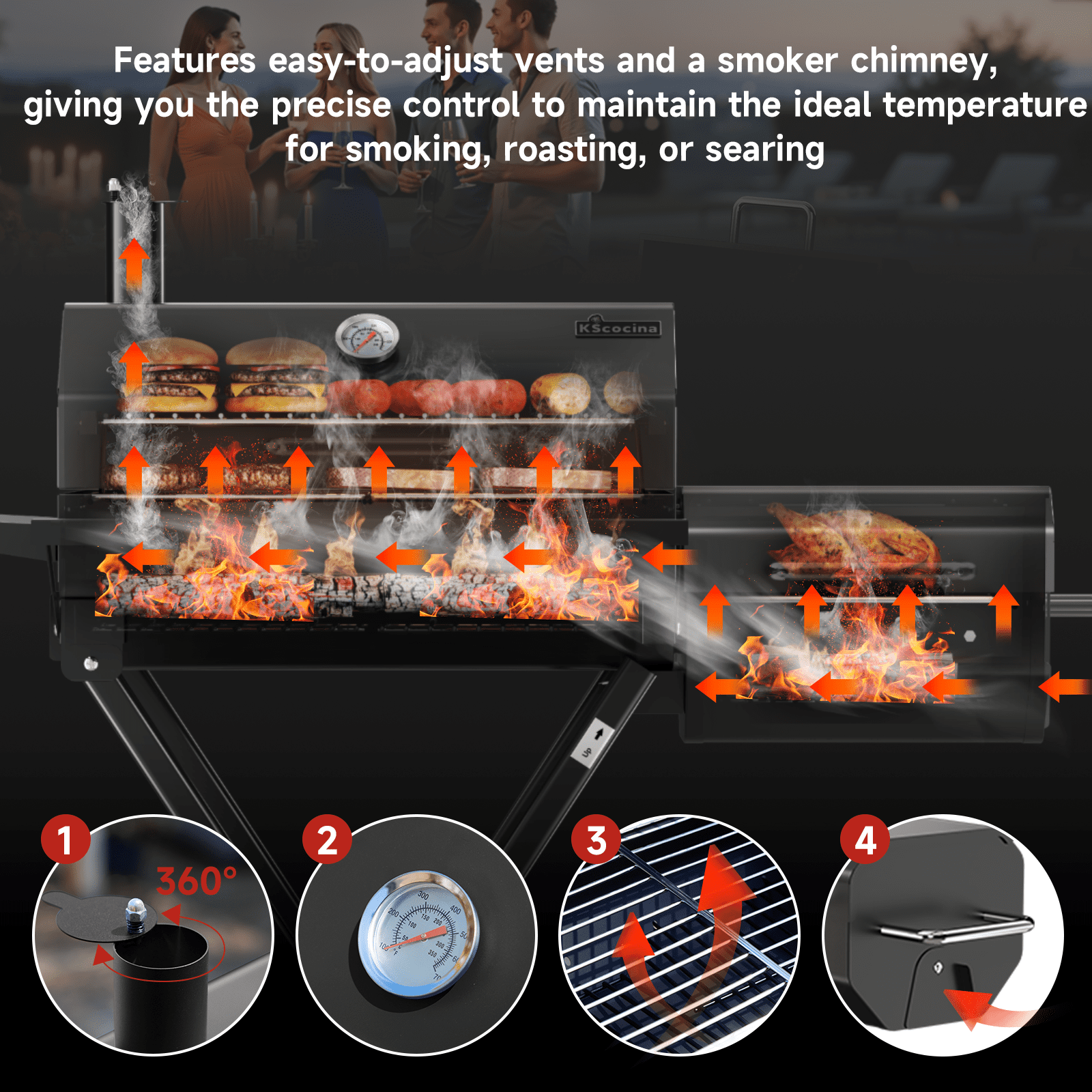 KScocina Barrel Charcoal Grill with Offset Smoker, 2-in-1 Foldable Suitcase BBQ Combo, 600 sq. in. with Waterproof Cover, for Outdoor Grilling and Backyard Cooking, Black