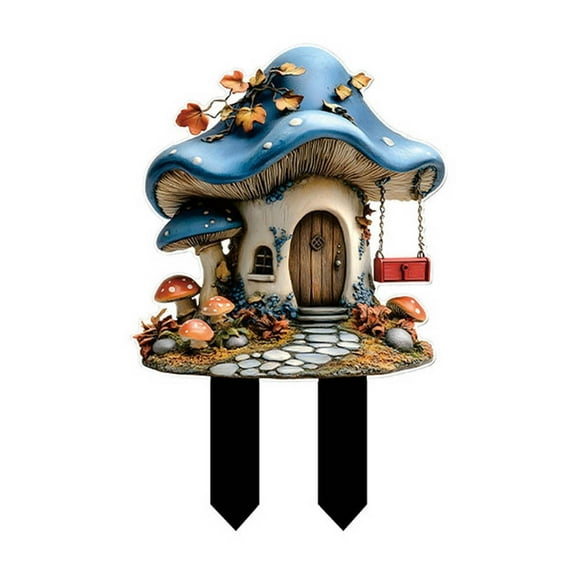 Eqslft Garden Decor, Mushroom House Garden Stakes Decorative, Acrylic 2D Stake, Yard Sign Garden Accessories for Outdoor Indoor Yard Lawn Pots