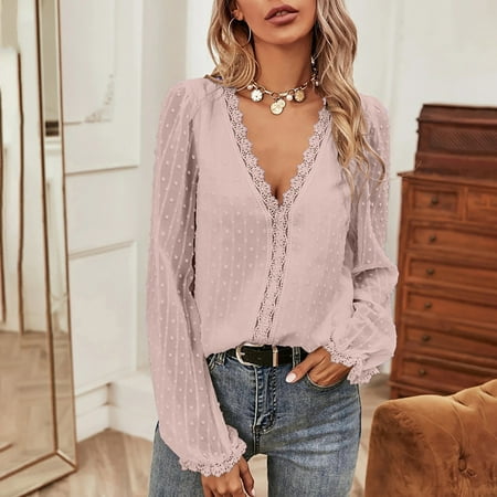 

Aueoeo Ladies Tops and Blouses Long Sleeve Shirts for Women Dressy Women s Fashion Casual Top Loose Lace Comfortable Long Sleeve Solid Color Blouse