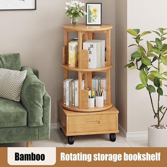 1 PCS Multi Storage Table, Side Table with Rolling Wheels, Removable Swivel Bookcase, Log Color, 2 Tiers